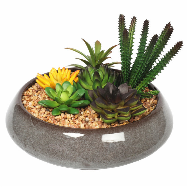 Potted Artificial Succulents with Round Decorative Bowl 19cm.