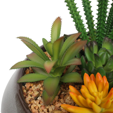 Potted Artificial Succulents with Round Decorative Bowl 19cm.