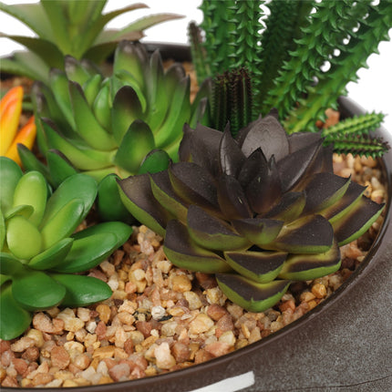 Potted Artificial Succulents with Round Decorative Bowl 19cm.