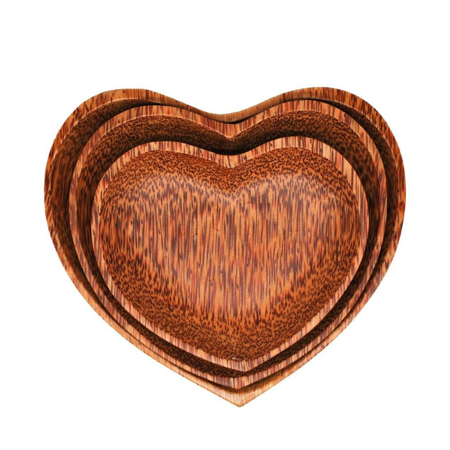 Set of 3 Coconut Wood Heart Shape Plates Natural.