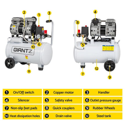 Giantz 24L Air Compressor Quiet 0.75HP Oil-Free Portable Tyre Inflator 40L/Min.