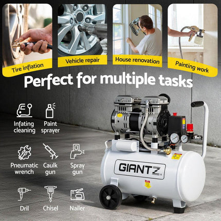 Giantz 24L Air Compressor Quiet 0.75HP Oil-Free Portable Tyre Inflator 40L/Min.