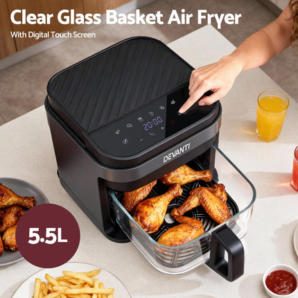 Devanti Air Fryer 5.5L Touch Control Electric Cooker 1200W Black.