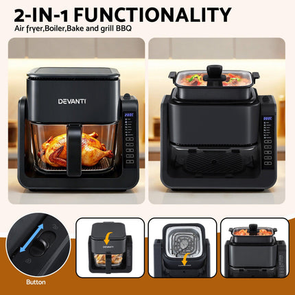 Devanti 2-IN-1 Air Fryer 5.5L Dual Zone Fryers Electric Cooker with Top BBQ Grill & Bot.