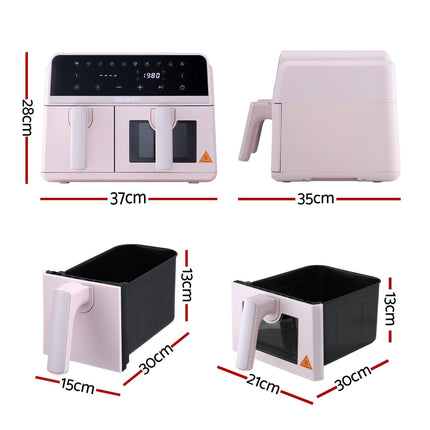 Devanti Air Fryer 9L Dual Zone Fryers 2600W Pink.
