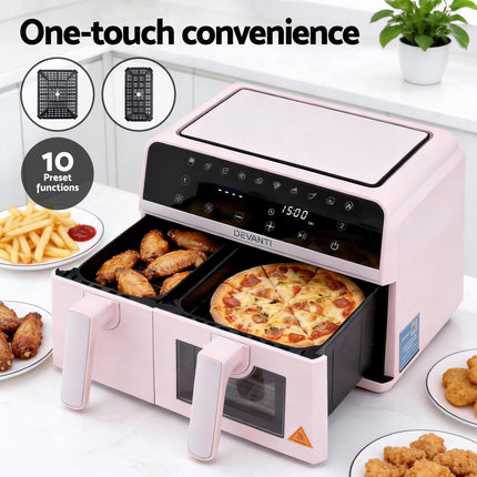 Devanti Air Fryer 9L Dual Zone Fryers 2600W Pink.