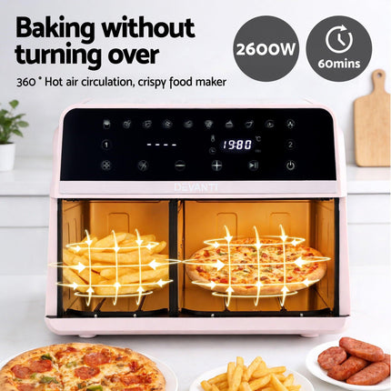 Devanti Air Fryer 9L Dual Zone Fryers 2600W Pink.
