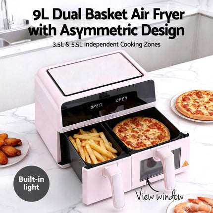 Devanti Air Fryer 9L Dual Zone Fryers 2600W Pink.