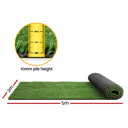 Prime Turf Artificial Grass 2mx5m 10mm Synthetic Fake Lawn Turf Plant Plastic Olive.