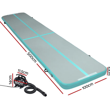 Everfit GoFun 5X1M Inflatable Air Track Mat with Pump Tumbling Gymnastics Green.