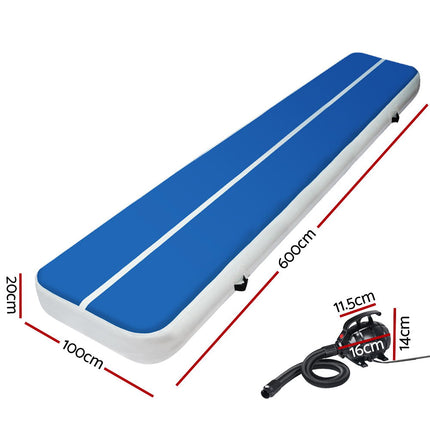 Everfit 6X1M Inflatable Air Track Mat 20CM Thick with Pump Tumbling Gymnastics Blue.