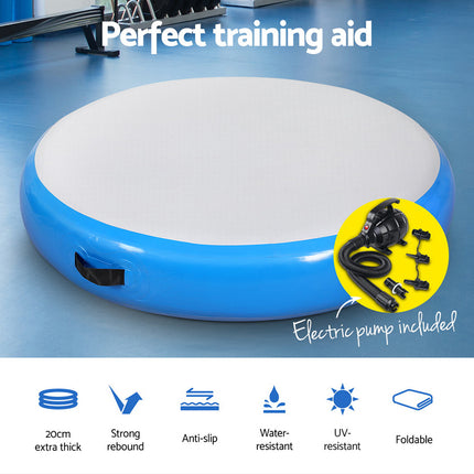 Everfit 1m Air Track Spot Inflatable Gymnastics Tumbling Mat Round W/ Pump Blue.