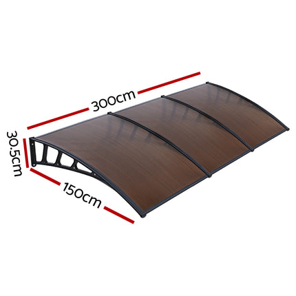 Instahut Window Door Awning Canopy 1.5mx3m Brown Sheet Black Plastic Frame.