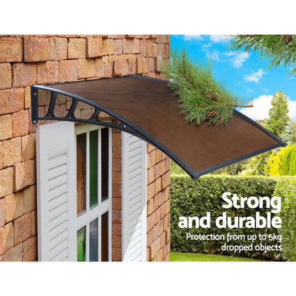 Instahut Window Door Awning Canopy 1.5mx3m Brown Sheet Black Plastic Frame.