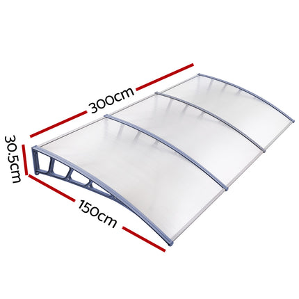 Instahut Window Door Awning Canopy 1.5mx3m Transparent Sheet Grey Plastic Frame.