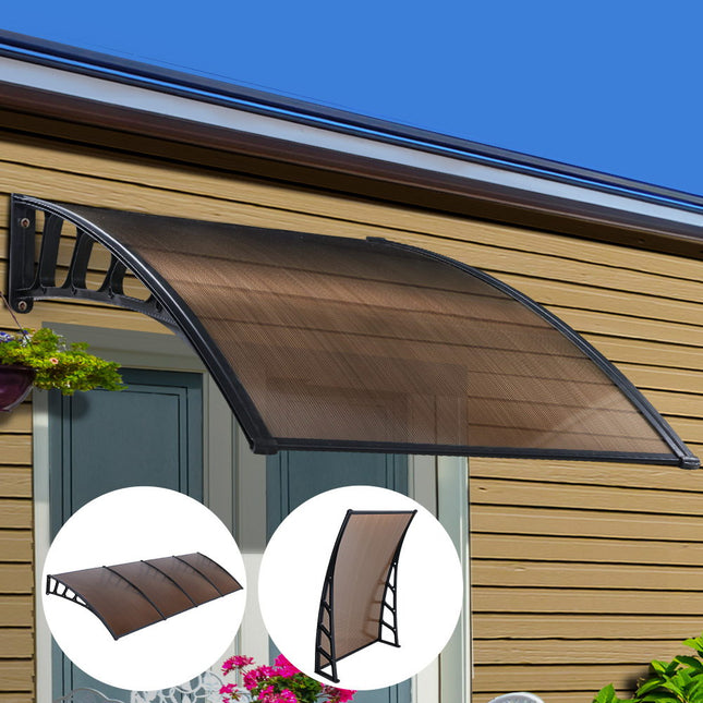 Instahut Window Door Awning Canopy 1.5mx4m Brown Sheet Black Plastic Frame.