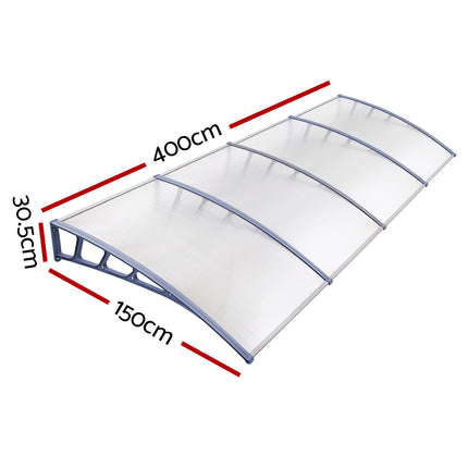 Instahut Window Door Awning Canopy 1.5mx4m Transparent Sheet Grey Plastic Frame.