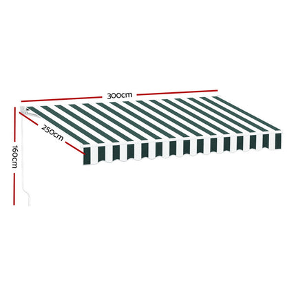 Instahut Retractable Folding Arm Awning Manual Sunshade 3Mx2.5M Green White.
