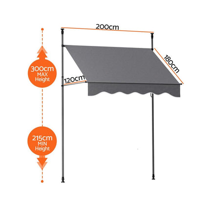 Instahut Window Fixed Pivot Arm Awning Outdoor Door Canopy 2X1.8M Grey.