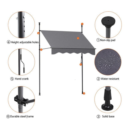 Instahut Window Fixed Pivot Arm Awning Outdoor Door Canopy 2X1.8M Grey.