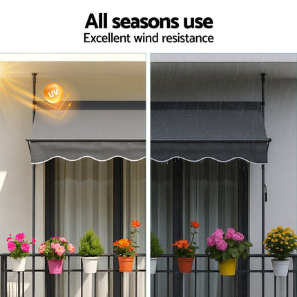 Instahut Window Fixed Pivot Arm Awning Outdoor Door Canopy 2X1.8M Grey.