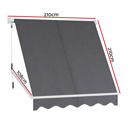 Instahut Retractable Fixed Pivot Arm Window Awning Outdoor Blinds 2.1X2.1M Grey.