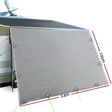 Caravan Privacy Screen Roll Out Awning 3.4x1.95M End Wall Side Sun Shade Grey.