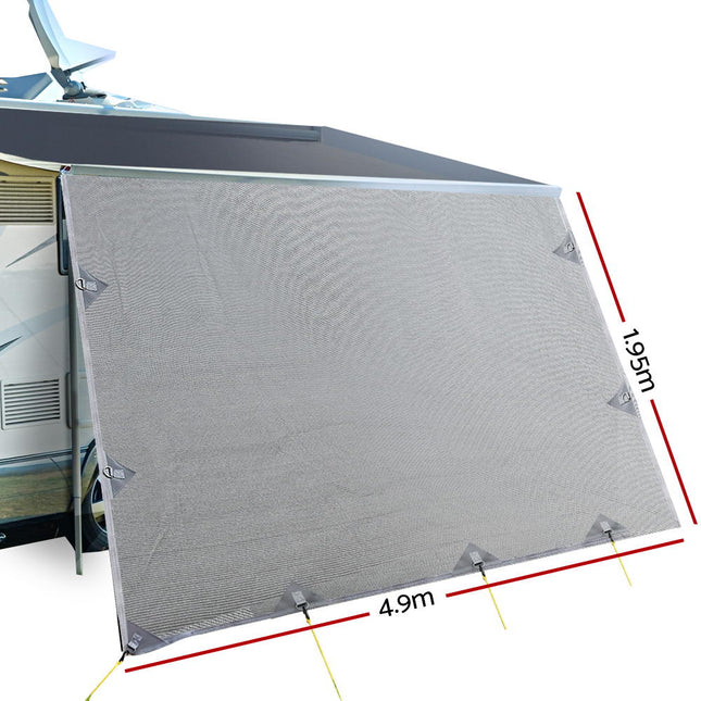 Caravan Privacy Screen Roll Out Awning 4.9x1.95M End Wall Side Sun Shade Grey.