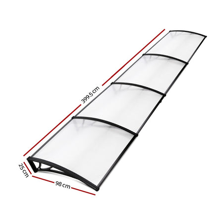 Instahut Window Awning Door Canopy 1m x 4m Transparent Sheet Black Plastic Frame.