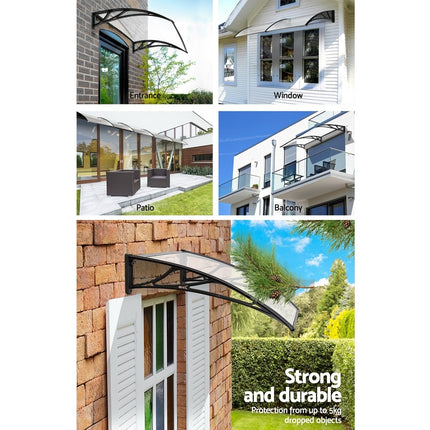 Instahut Window Awning Door Canopy 1m x 4m Transparent Sheet Black Plastic Frame.