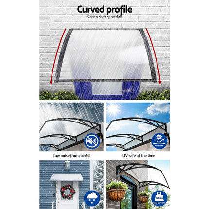 Instahut Window Awning Door Canopy 1m x 4m Transparent Sheet Black Plastic Frame.