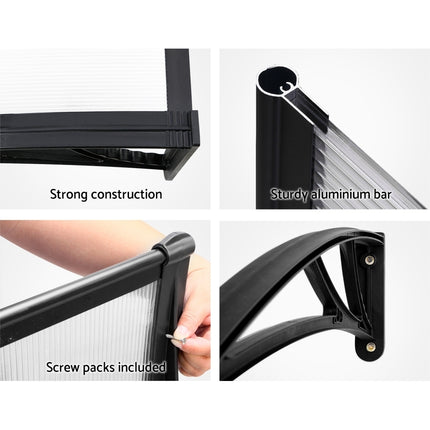 Instahut Window Awning Door Canopy 1m x 4m Transparent Sheet Black Plastic Frame.