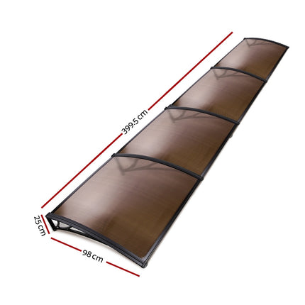 Instahut Window Awning Door Canopy 1m x 4m Brown Sheet Black Plastic Frame.