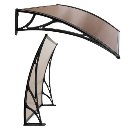 Instahut Window Awning Door Canopy 1m x 4m Brown Sheet Black Plastic Frame.