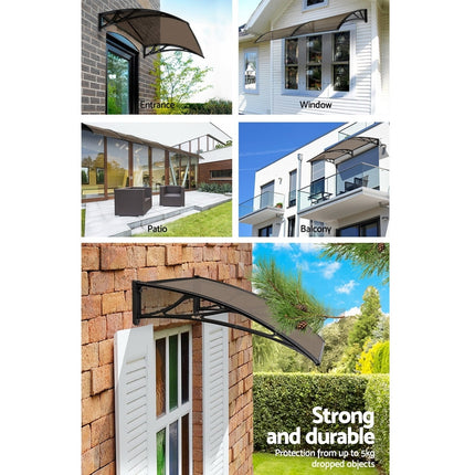Instahut Window Awning Door Canopy 1m x 4m Brown Sheet Black Plastic Frame.