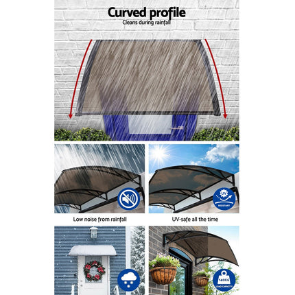 Instahut Window Awning Door Canopy 1m x 4m Brown Sheet Black Plastic Frame.