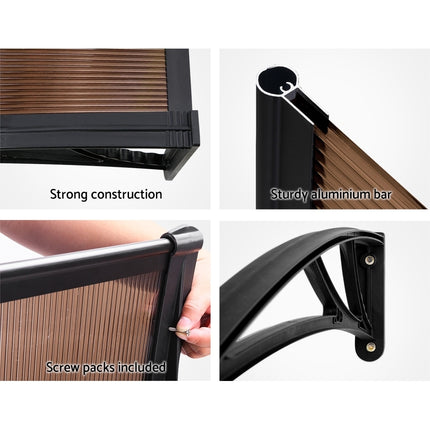 Instahut Window Awning Door Canopy 1m x 4m Brown Sheet Black Plastic Frame.