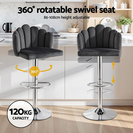 Artiss Bar Stool X2 Kitchen Dining Counter Gaslift Chair Adjustable Velvet Grey.