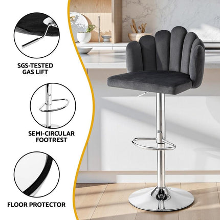 Artiss Bar Stool X2 Kitchen Dining Counter Gaslift Chair Adjustable Velvet Grey.