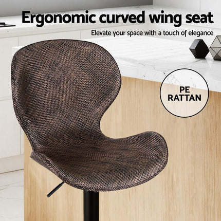 Artiss 2x Bar Stools Kitchen Swivel Gas Lift Counter Chair Wing PE Rattan Brown.
