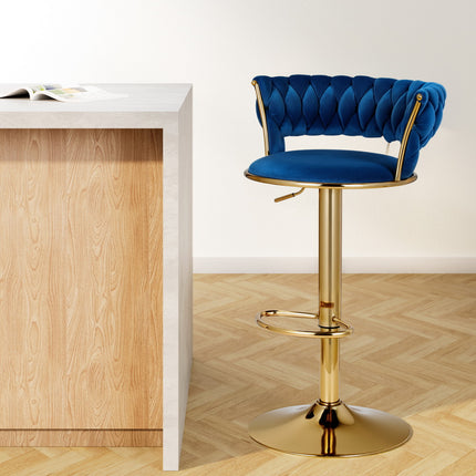 Artiss Bar Stools Gas Lift Velvet Woven Backrest Navy.