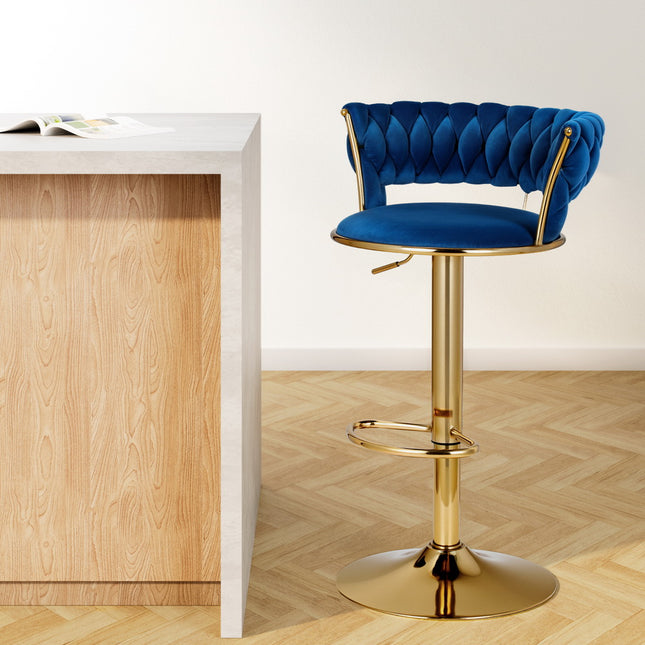 Artiss Bar Stools Gas Lift Velvet Woven Backrest Navy.