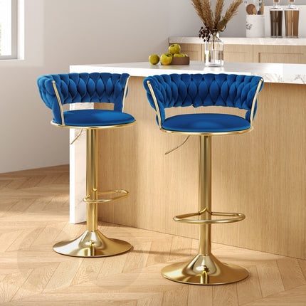 Artiss 2x Bar Stools Gas Lift Velvet Woven Backrest Navy.