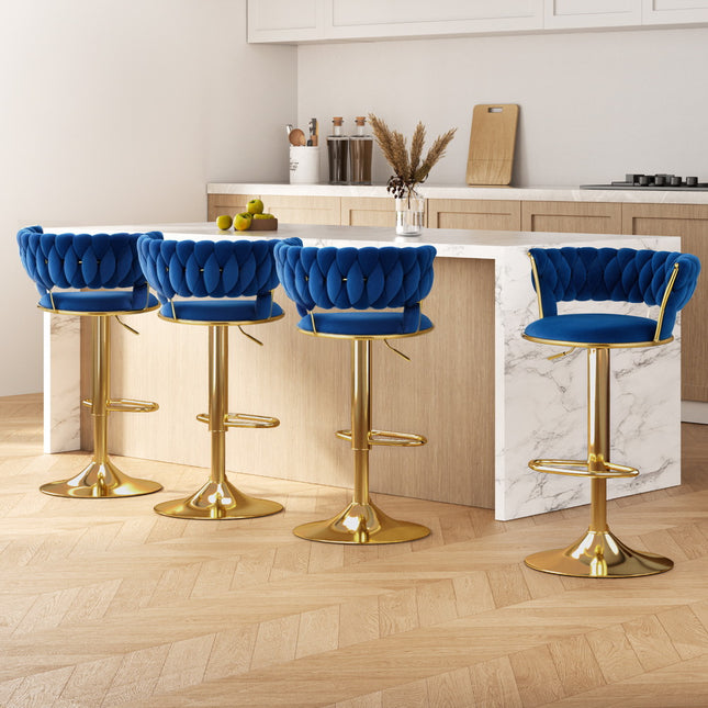 Artiss 4x Bar Stools Gas Lift Velvet Woven Backrest Navy.