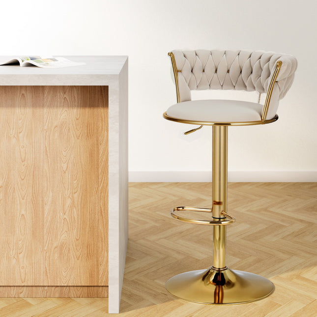 Artiss Bar Stools Gas Lift Velvet Woven Backrest Ivory.