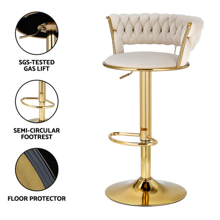 Artiss Bar Stools Gas Lift Velvet Woven Backrest Ivory.