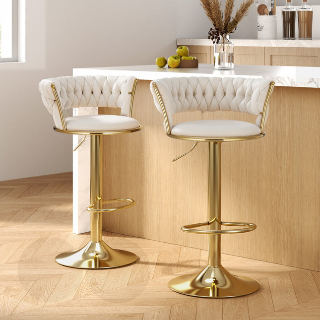 Artiss 2x Bar Stools Gas Lift Velvet Woven Backrest Ivory.
