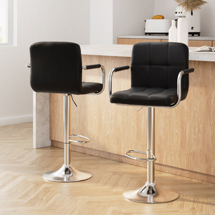 Artiss 2x Bar Stools Leather Gas Lift w/Armrest Black.