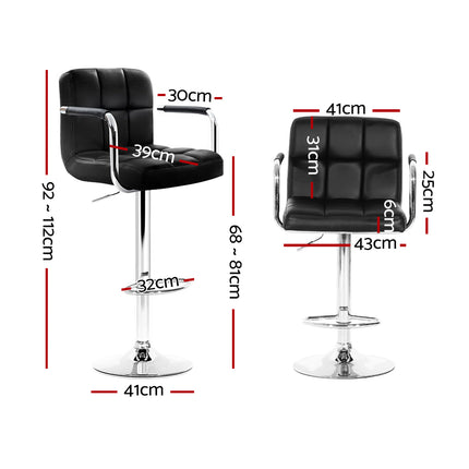 Artiss 2x Bar Stools Leather Gas Lift w/Armrest Black.