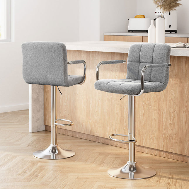 Artiss 2x Bar Stools Fabric Gas Lift w/Armrest Grey.
